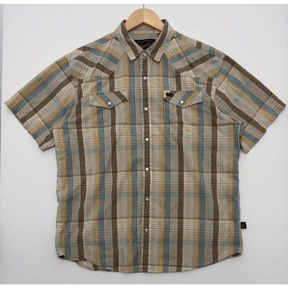 Howler Bros Men Large Brown Short Sleeve Gaucho Shirt Plaid Western Pearl Snap